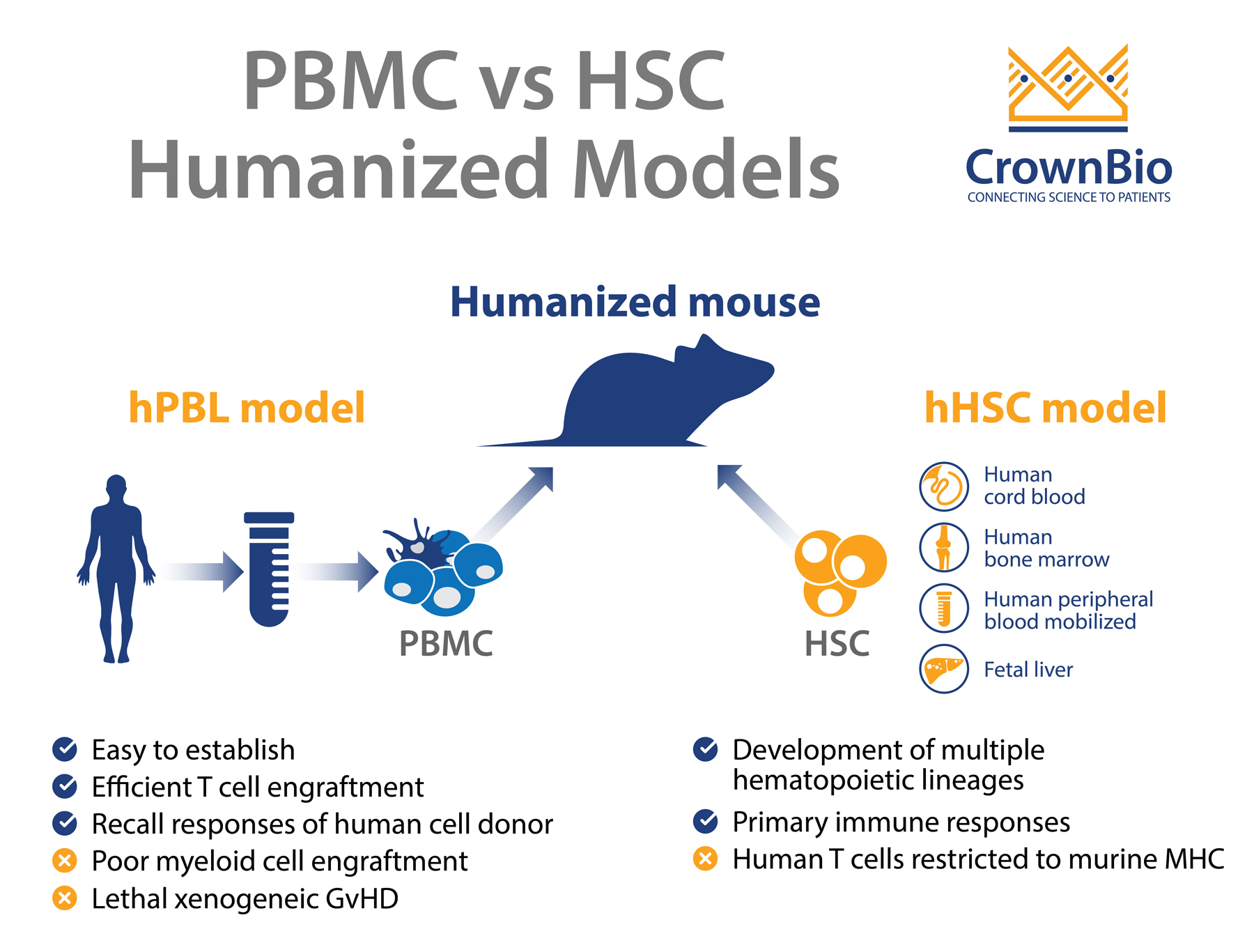 hPBMC和hCD34人源化小鼠模型之间的主要差异